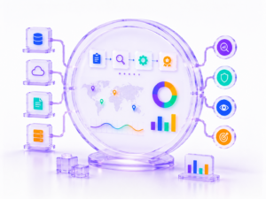 Futuristic circular analytics dashboard with connected data sources and colorful charts representing execution integrity and operational assurance.