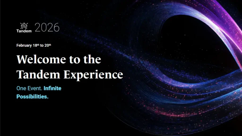Tandem 2026 banner with purple light waves: Welcome to the Tandem Experience, one event, infinite possibilities.