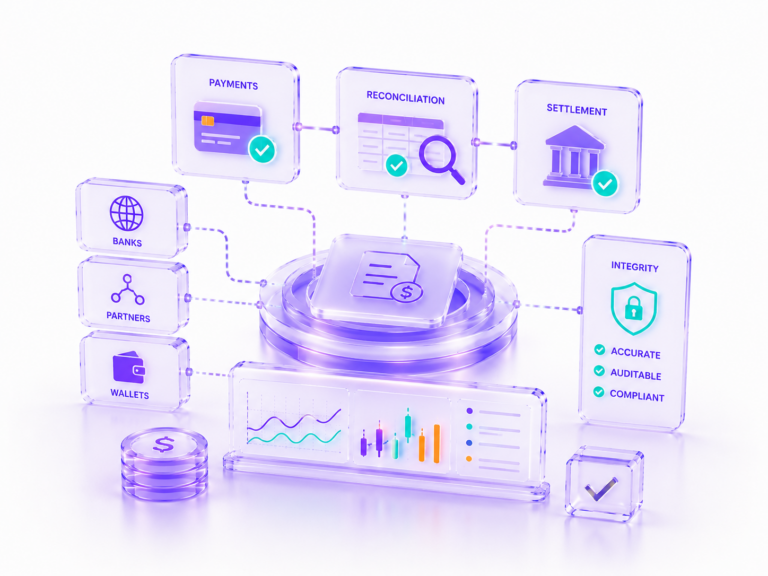 Futuristic financial workflow with payments, reconciliation, and settlement modules connected to analytics and transaction systems.