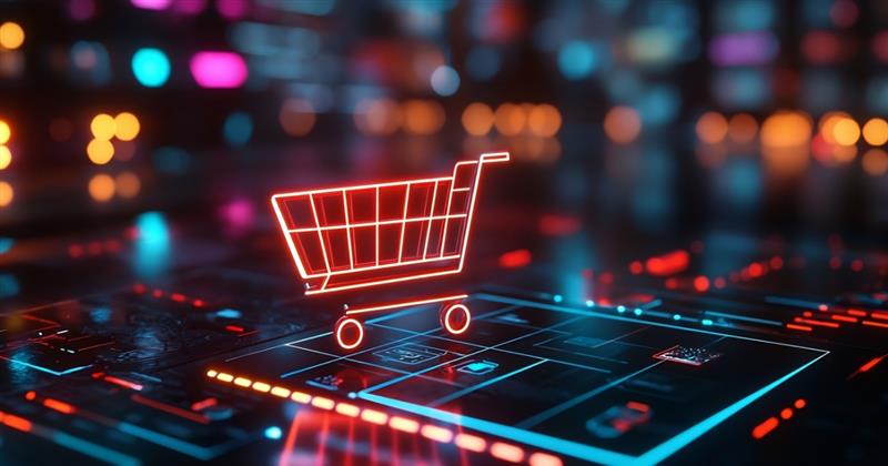 Neon shopping cart icon on a digital circuit surface.