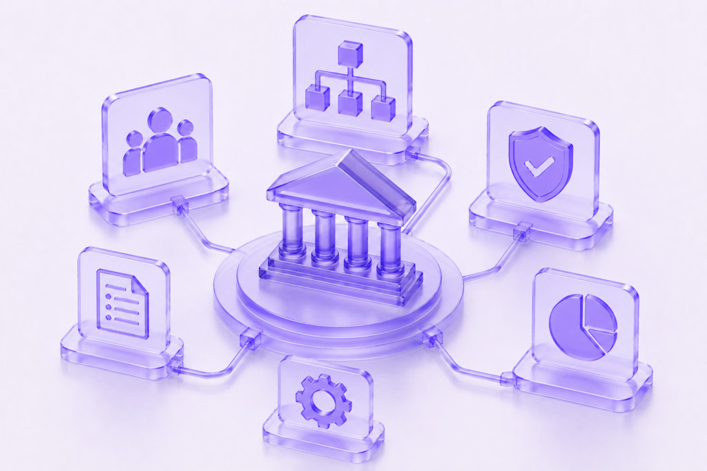 Futuristic 3D governance architecture illustration with connected enterprise controls, policies, analytics, and security systems.