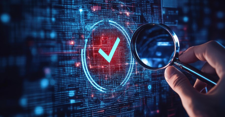 Magnifying glass over a glowing checkmark on a digital surface, representing a policy insight agent.