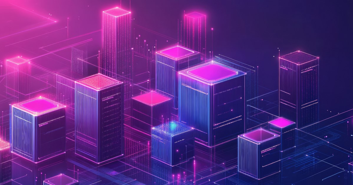 Isometric neon city of server towers in pink and purple, representing digital infrastructure.