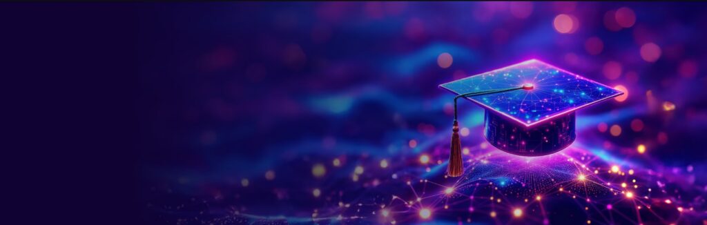 Glowing graduation cap hologram on a dark purple background.