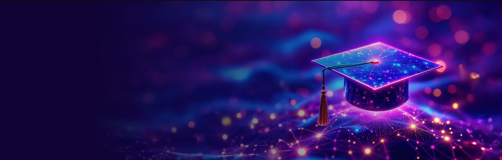 Glowing graduation cap hologram on a dark purple background.