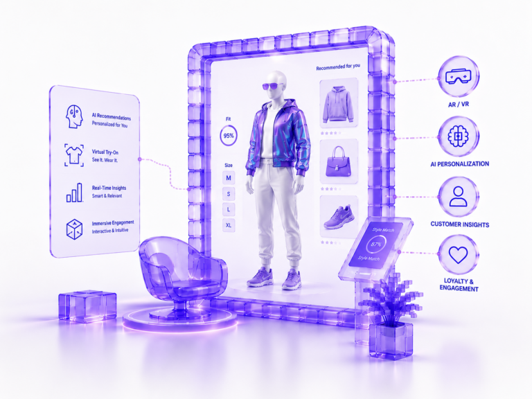 Futuristic retail interface with mannequin wearing colorful jacket and glasses, showcasing AI personalization and AR shopping experience.