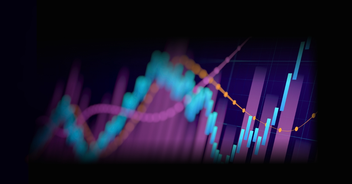 Abstract financial chart with candlesticks and flowing curves in pink and teal.