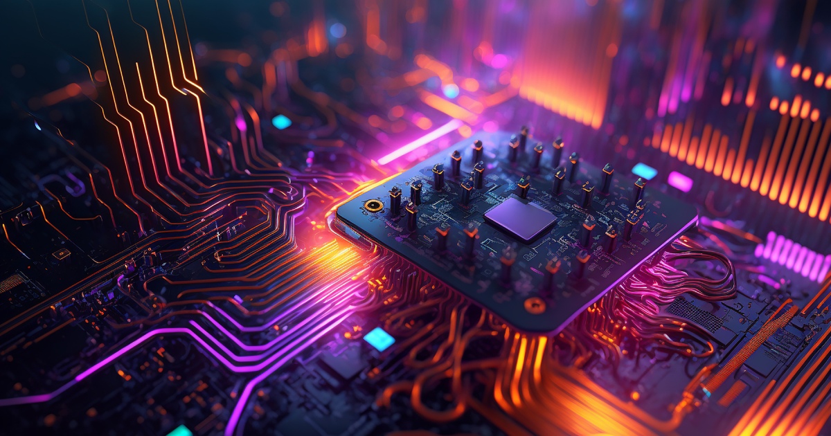Neon circuit board with glowing chips in purple and orange.