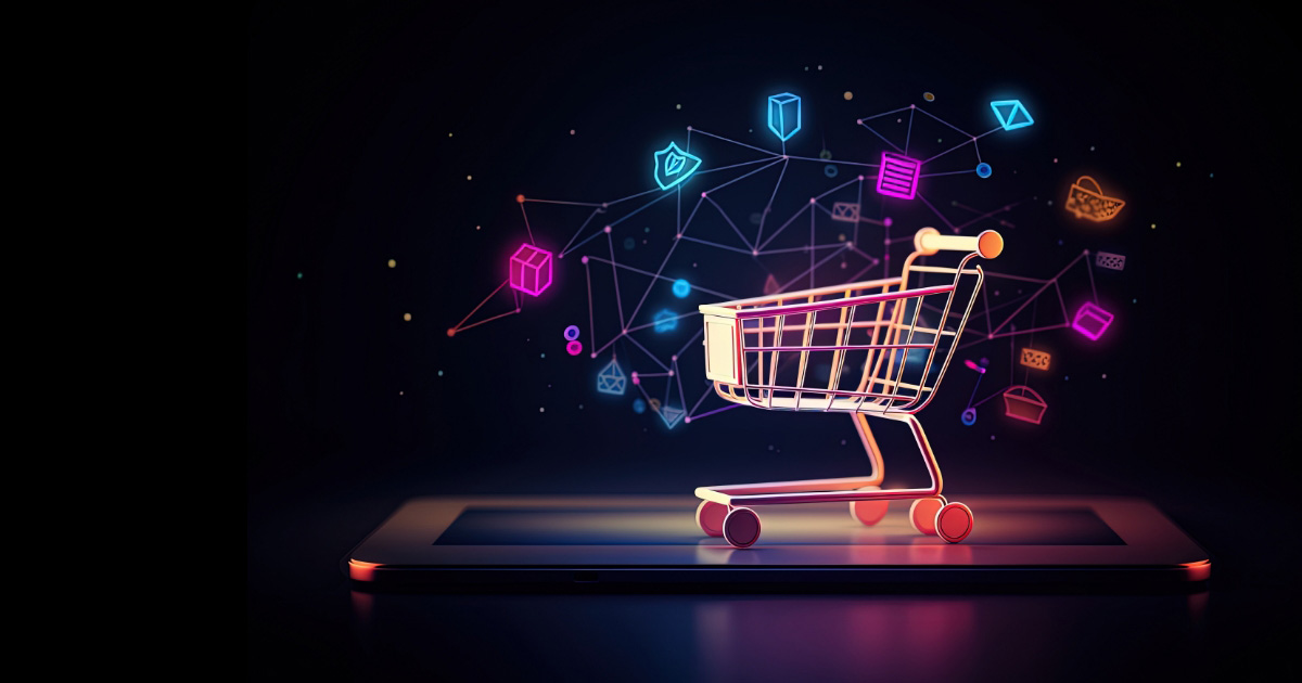 Neon shopping cart on a tablet connected to floating commerce icons.