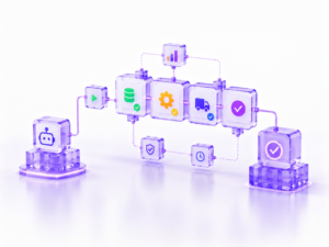 Futuristic modular workflow system with connected nodes and colorful process icons representing automated logistics workflows.
