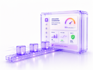 Futuristic dashboard showing accelerated application delivery with moving cubes on a conveyor and colorful performance metrics.