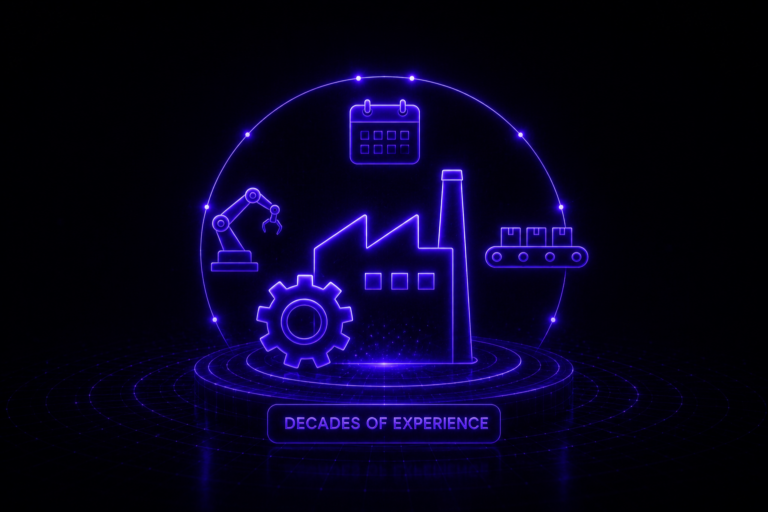 Futuristic factory system with robotic arm, gear, and conveyor representing long-term manufacturing expertise.
