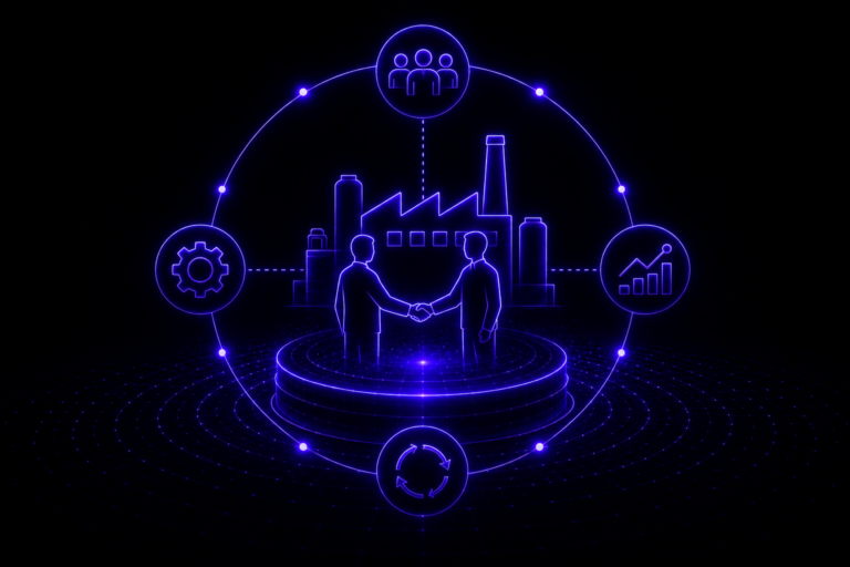 Futuristic manufacturing environment with human collaboration and connected systems representing ongoing operational partnership.