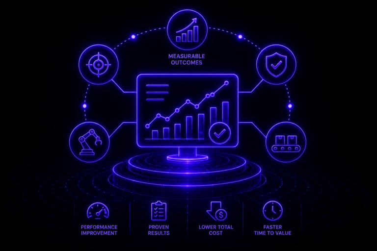 Futuristic performance chart with validation indicator representing measurable results in manufacturing systems.