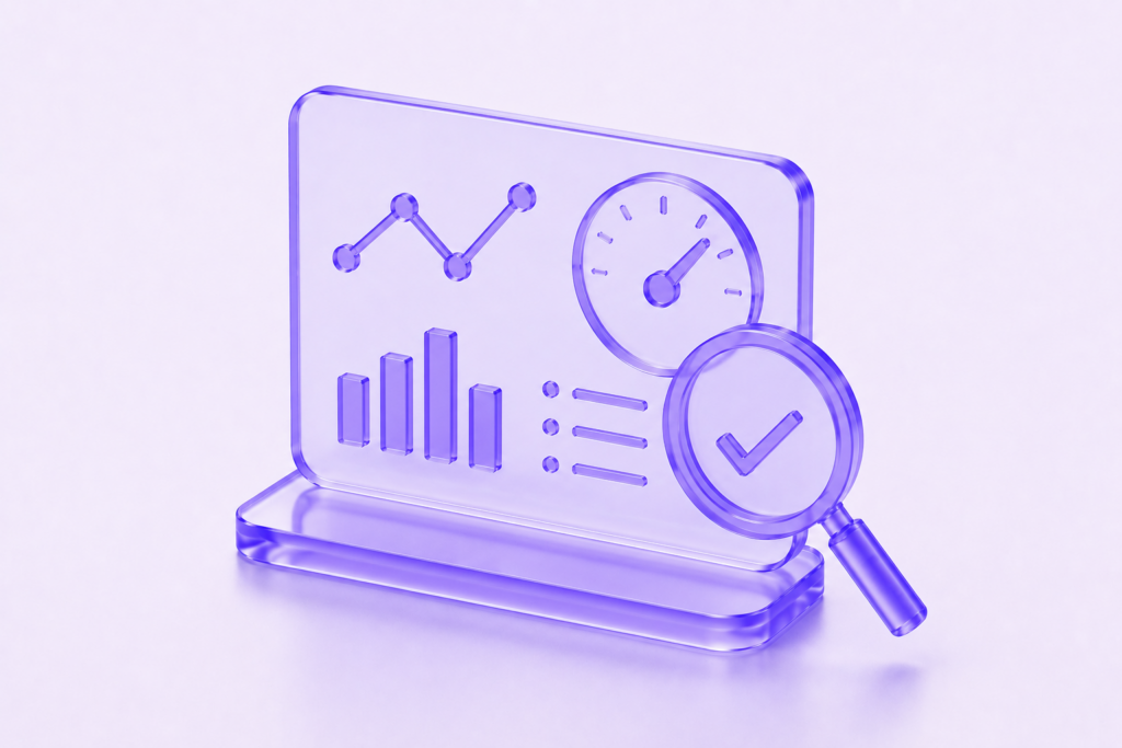 Transparent purple glass monitoring dashboard with analytics indicators, performance gauge, checklist verification, and magnifying glass on a soft light background.