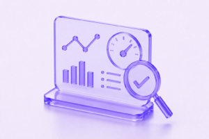 Transparent purple glass monitoring dashboard with analytics indicators, performance gauge, checklist verification, and magnifying glass on a soft light background.
