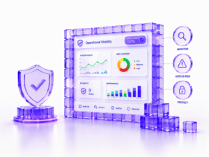 Futuristic dashboard showing system health, risk levels, and performance charts with colorful analytics representing operational stability and risk management.