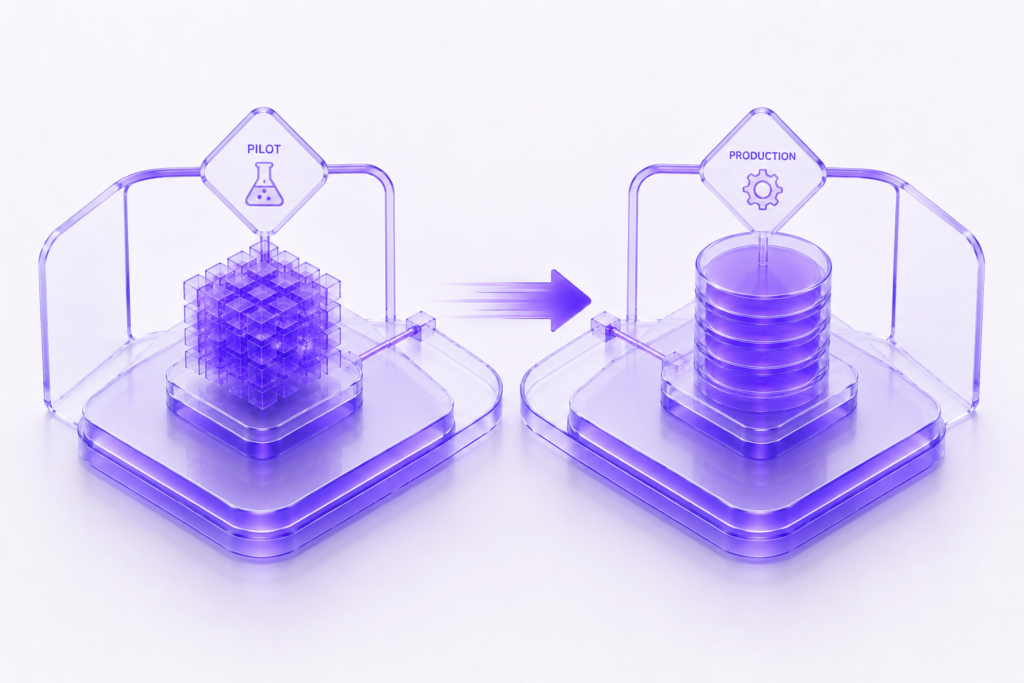 Futuristic 3D illustration showing AI systems transitioning from pilot environments to production deployment.