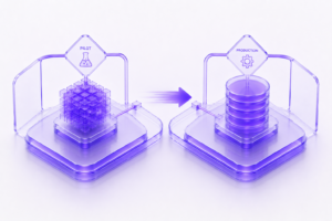 Futuristic 3D illustration showing AI systems transitioning from pilot environments to production deployment.