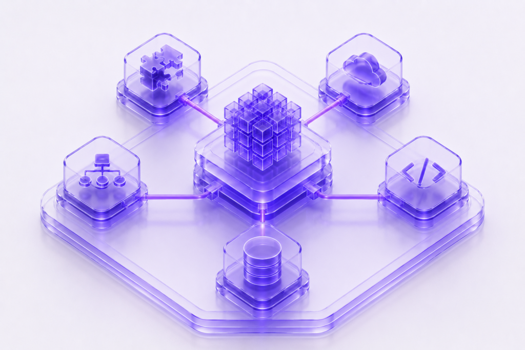 Futuristic 3D illustration of interconnected enterprise platforms, cloud systems, and integration architecture.