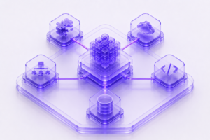 Futuristic 3D illustration of interconnected enterprise platforms, cloud systems, and integration architecture.