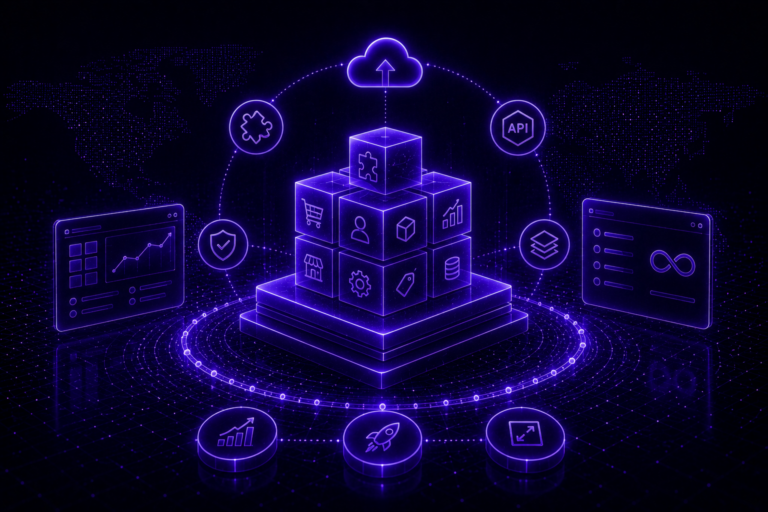 Futuristic modular platform architecture with interconnected cubes, APIs, and cloud representing scalable and evolving digital systems.