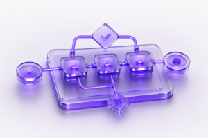 Futuristic 3D process engineering workflow with glowing purple interconnected modules and decision pathways.