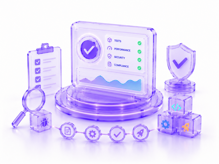 Futuristic quality assurance dashboard with testing, performance, and compliance indicators in a manufacturing environment.