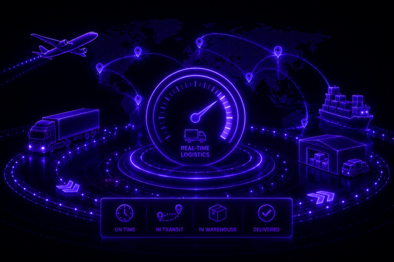 Futuristic logistics speed dashboard with global routes, truck, ship, and airplane representing real-time supply chain pace and movement.