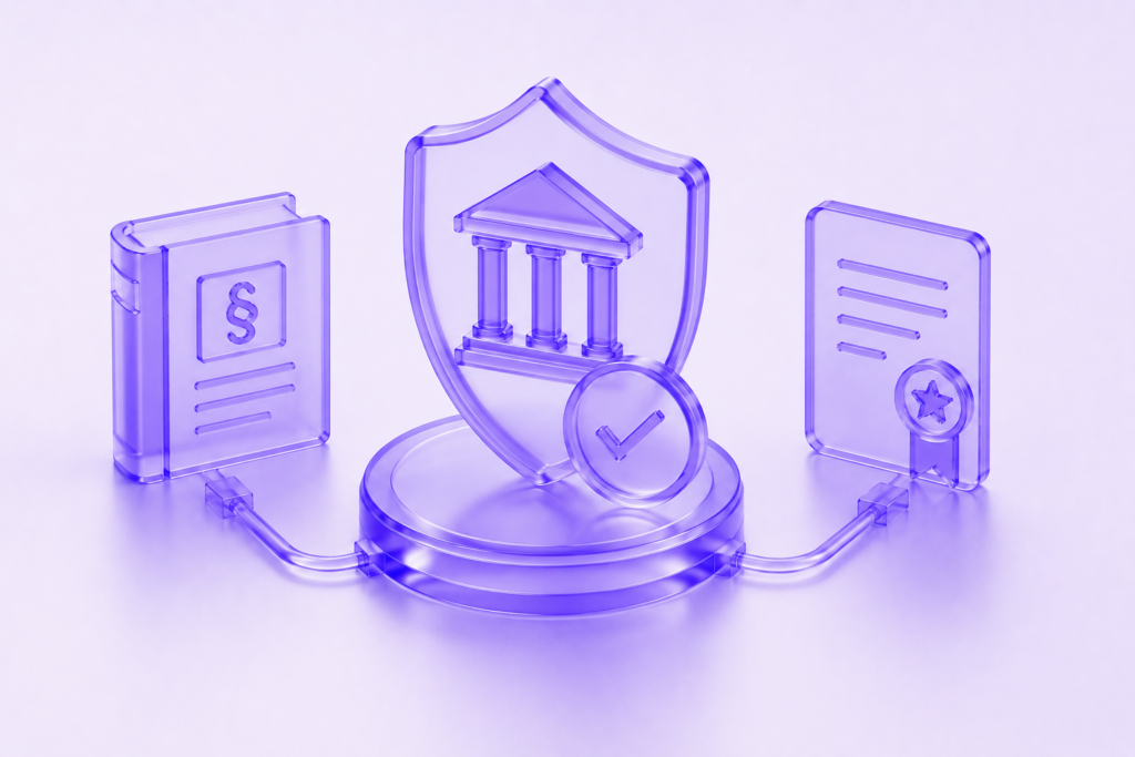 Minimal futuristic 3D illustration showing regulatory compliance, governance approval, legal frameworks, and enterprise readiness systems in translucent purple glass style.