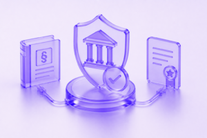 Minimal futuristic 3D illustration showing regulatory compliance, governance approval, legal frameworks, and enterprise readiness systems in translucent purple glass style.