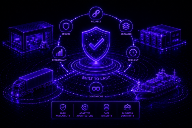 Futuristic logistics infrastructure with shield symbol representing secure, scalable, and resilient supply chain systems.