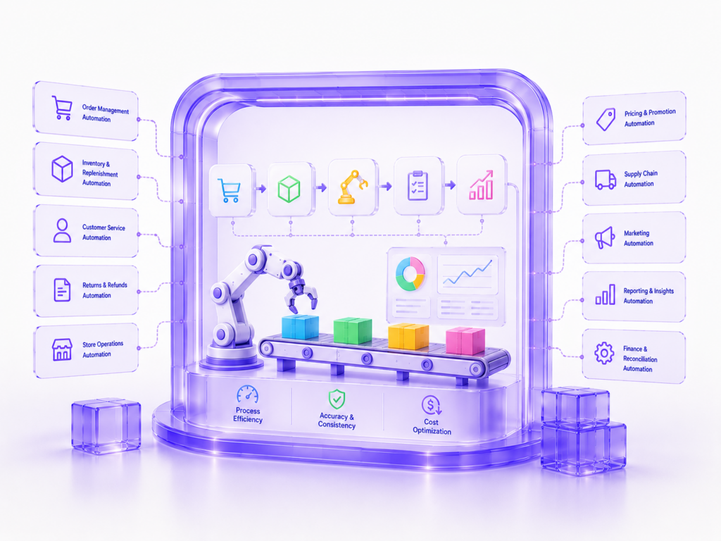 Futuristic retail automation system with robotic arm and colorful workflow blocks representing automated retail operations and process optimization.