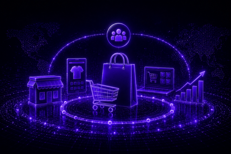 Futuristic digital retail ecosystem with storefront, mobile commerce, ecommerce platform, and analytics representing omnichannel retail expertise.