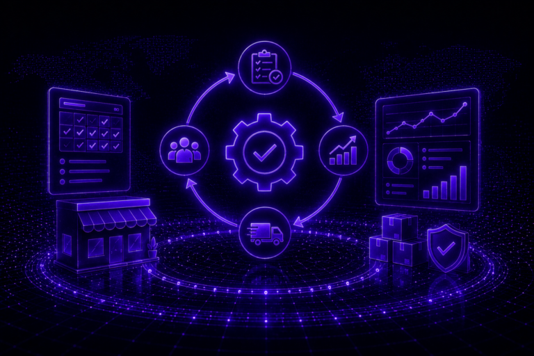 Futuristic retail operations workflow with gear, checklist, analytics, and logistics icons representing disciplined execution and operational control.