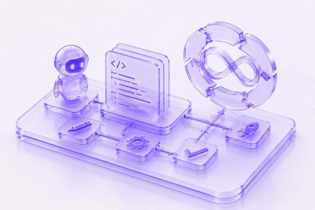 Futuristic 3D illustration of an AI-powered software development lifecycle workflow with automation and orchestration elements.