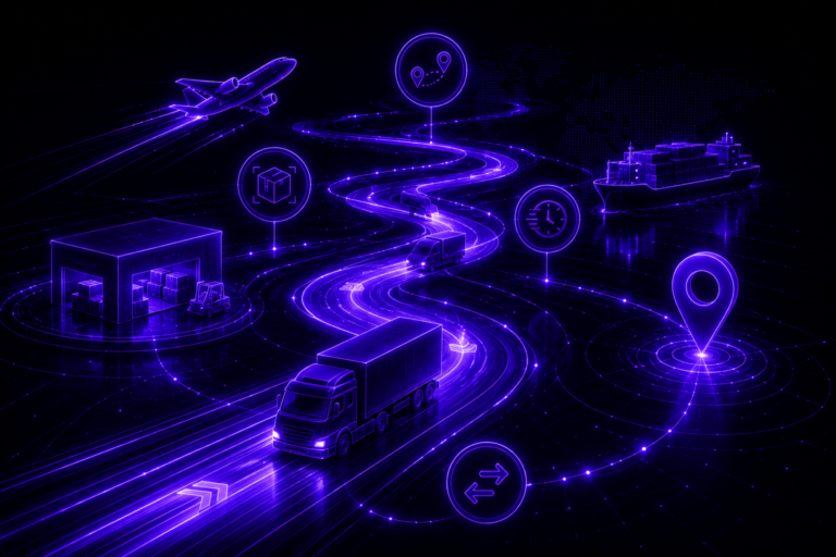Futuristic logistics network with moving trucks, ships, and airplanes connected by glowing paths representing continuous supply chain movement.
