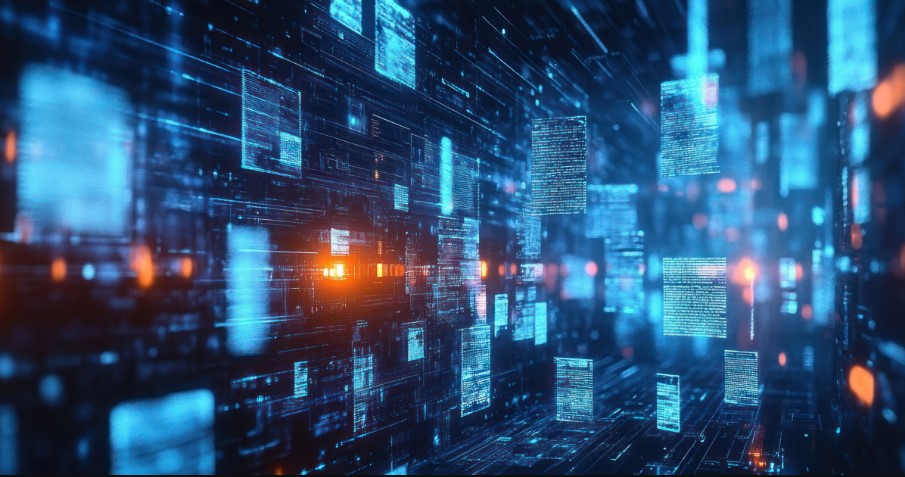 Glowing digital documents streaming through a dark data field, representing data extraction.