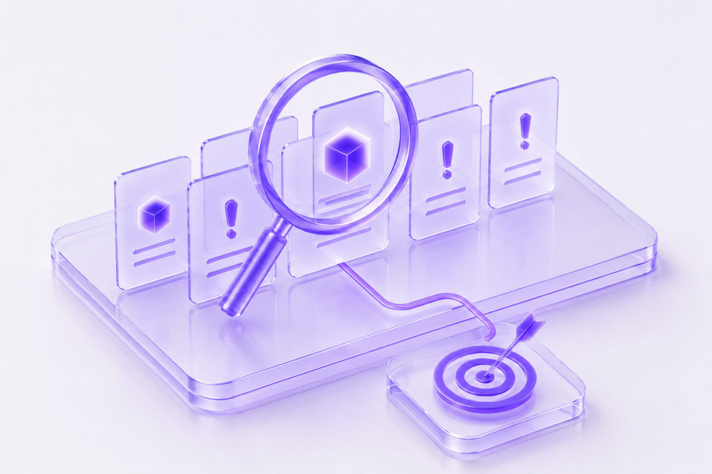 Futuristic 3D illustration of AI use case prioritization with magnifying glass, translucent cards, and target selection interface.