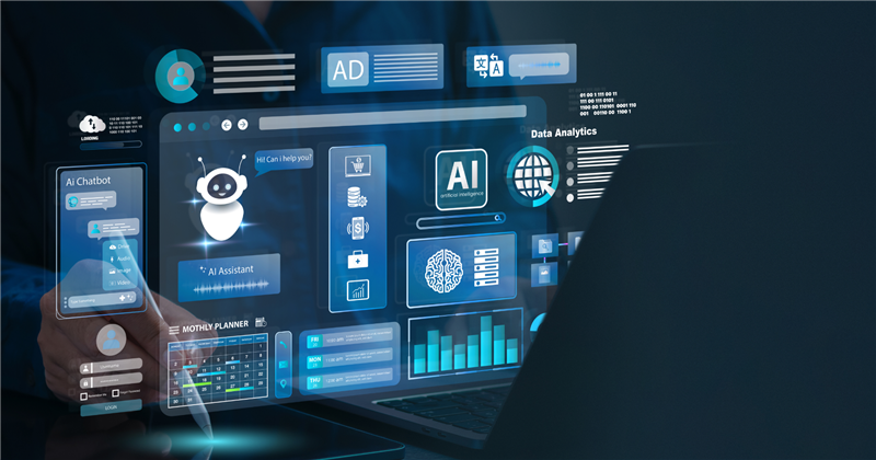 Hands holding a tablet with an AI orchestration control panel connecting chatbots and analytics.