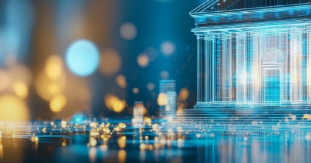 Glowing wireframe of a classical bank building among bokeh lights.