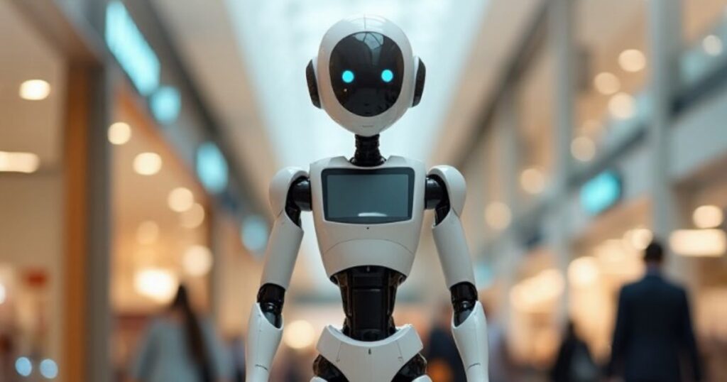 White retail robot standing in a shopping mall.