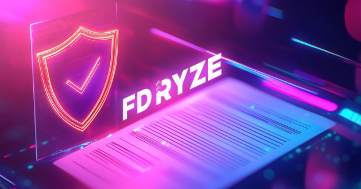 Neon shield with a checkmark beside the FD Ryze logo over a glowing document.