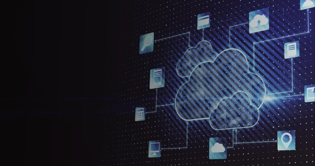 Wireframe cloud connected to app icons on a dark background.
