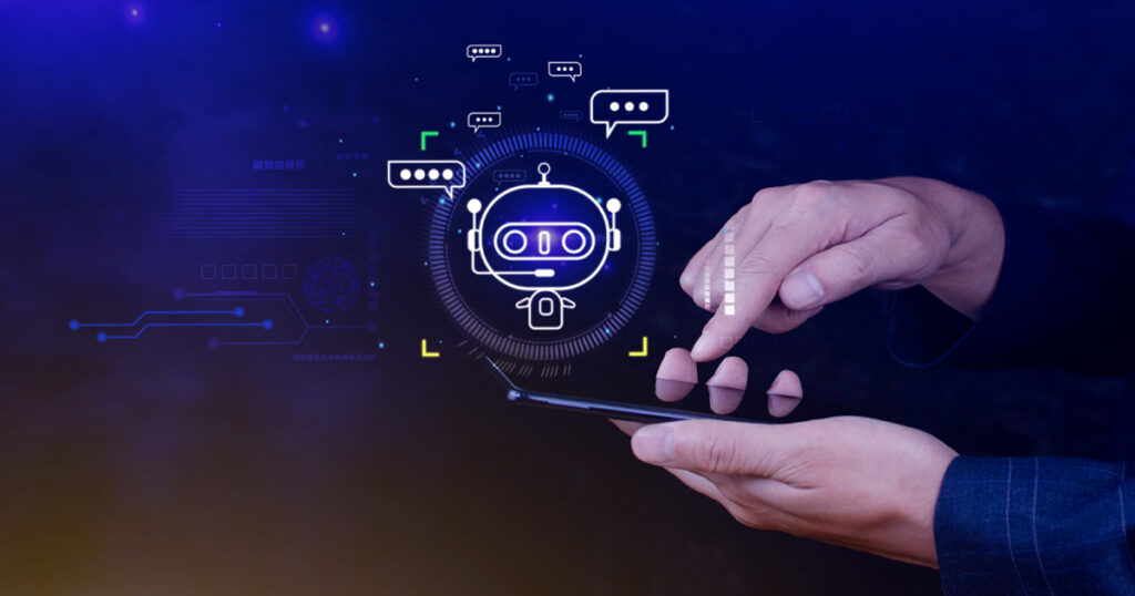 Hands holding a phone with an AI agent chatbot hologram.