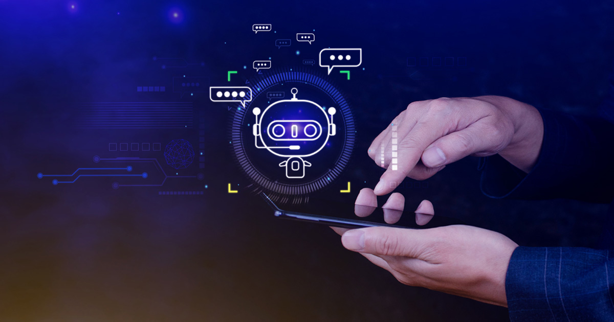 Hands holding a phone with an AI agent chatbot hologram.