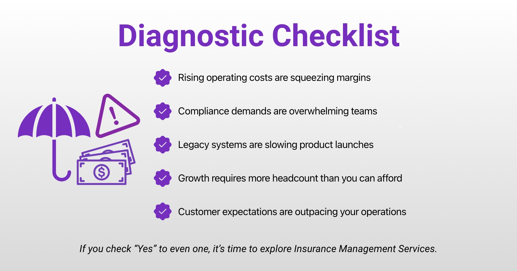 Diagnostic checklist infographic listing five signs you need insurance management services, from rising operating costs to customer expectations outpacing operations.