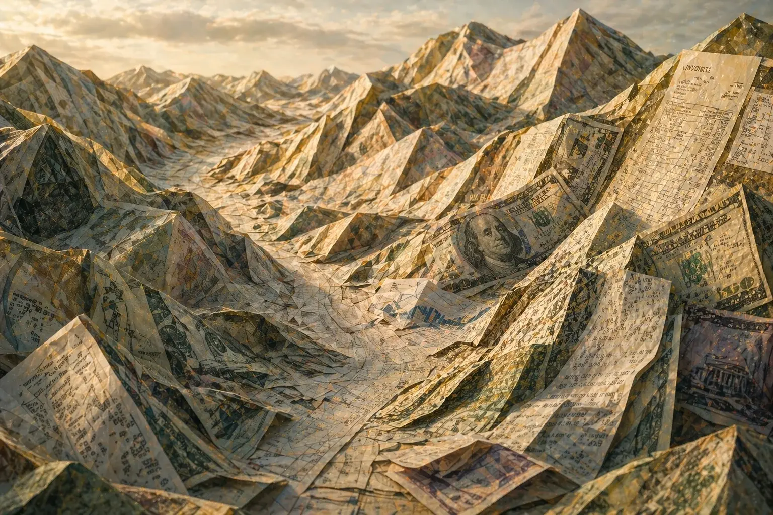 Aerial view of an endless maze of paper-like mountain ridges and valleys, symbolizing the complex terrain of enterprise AI ROI.