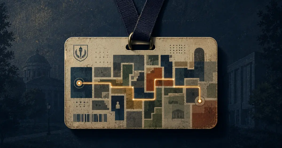A textured editorial illustration of a university ID card suspended from a dark lanyard against a deep blue background. Abstract pathways and interconnected shapes run across the card, symbolizing student journeys, institutional continuity, and the complexity of navigating modern university systems.