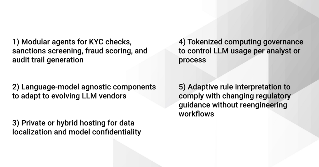 List of five KYC orchestration design principles, including modular agents for checks and screening, LLM-agnostic components, private hosting, tokenized governance, and adaptive rule interpretation.